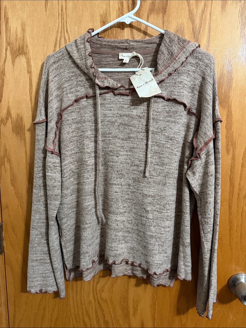 Hem & Thread Taupe Marled Ruffle-Trim Hoodie Sweater